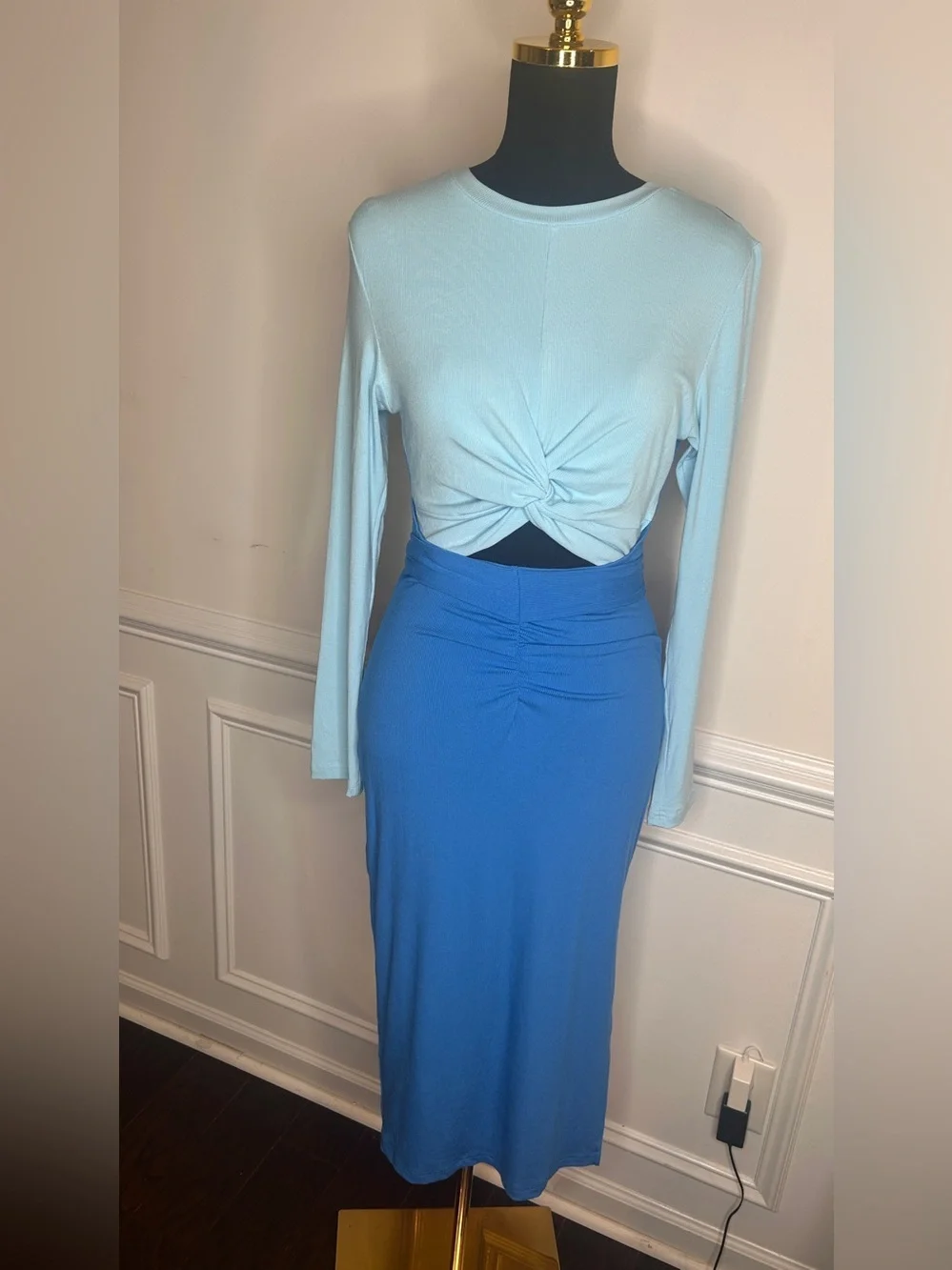 Light Blue Twist Front Long Sleeve Top with Royal Blue Midi Skirt
